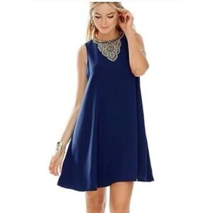 Lilly Pulitzer Womens M Navy Blue Swing Gold Beaded Boho Sleeveless Mini Dress